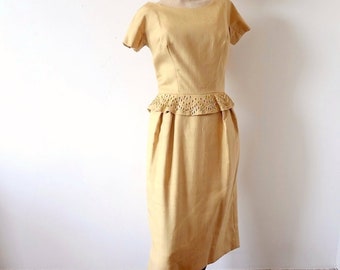 1950s Party Dress, gold cocktail wiggle gown with rhinestone & bead peplum, vintage holiday attire size S