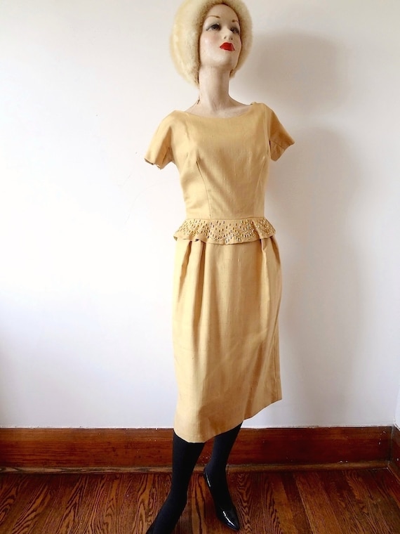 1950s Party Dress, gold cocktail wiggle gown with