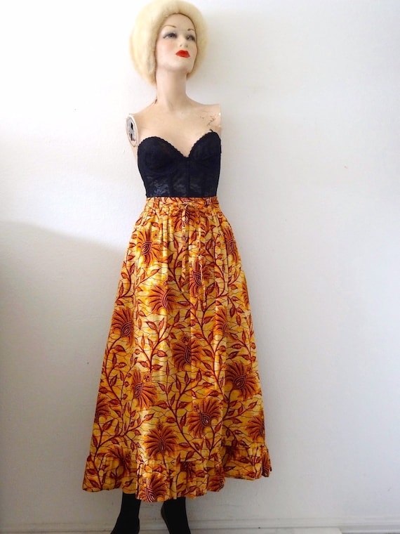 Vintage Ethnic Print Midi Skirt - cotton full skir