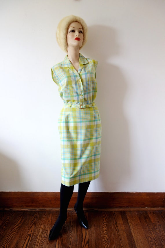 1960s Day Dress | vintage plaid pencil skirt and blouse 2 piece spring summer dress