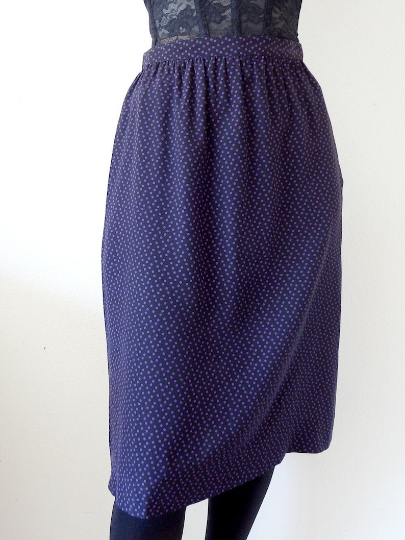 1980s Silk Polka Dot Skirt / black straight skirt with purple micro-dots / vintage spring & summer fashion image 1