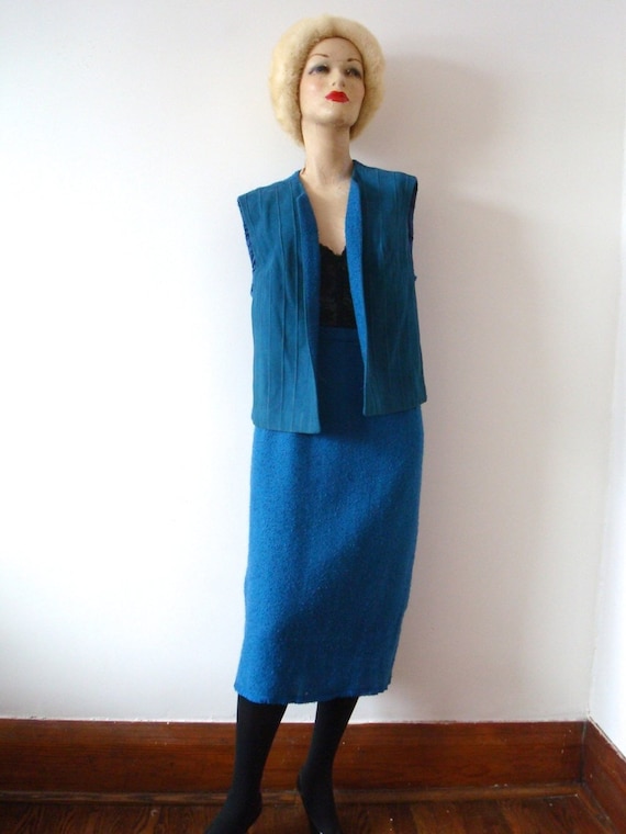 1960s Pencil Skirt and Vest - Blue 2 Piece Suit -… - image 1