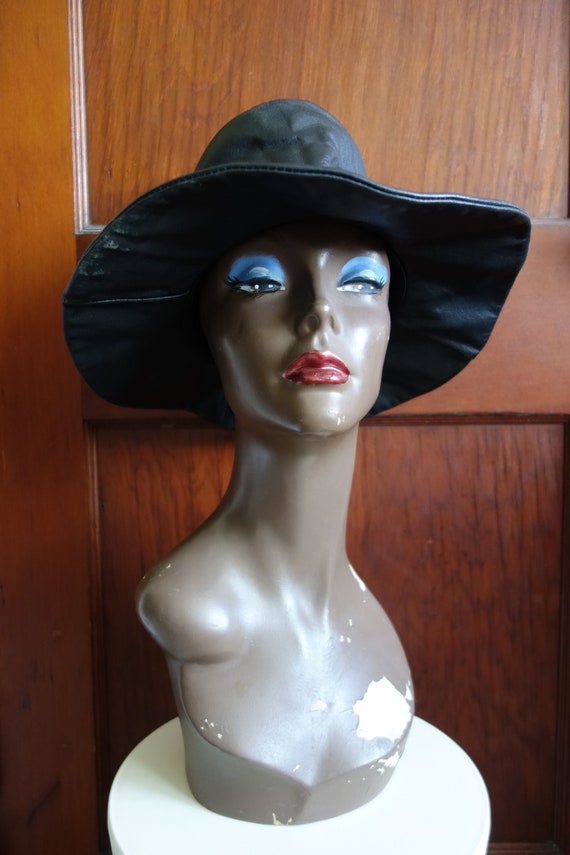 1970s Black Leather Hat - vintage wide brim hat