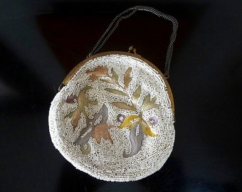 1920s-30s Round Clutch Purse - seed bead and floral crewel work wristlet evening bag