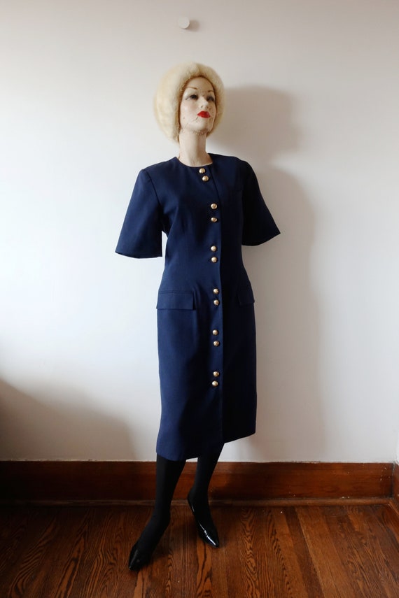 1980s Navy Blue Day Dress - vintage button front s