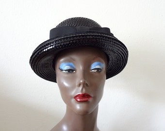 1960s Mod Straw Hat with Bow / vintage shiny black fancy fedora