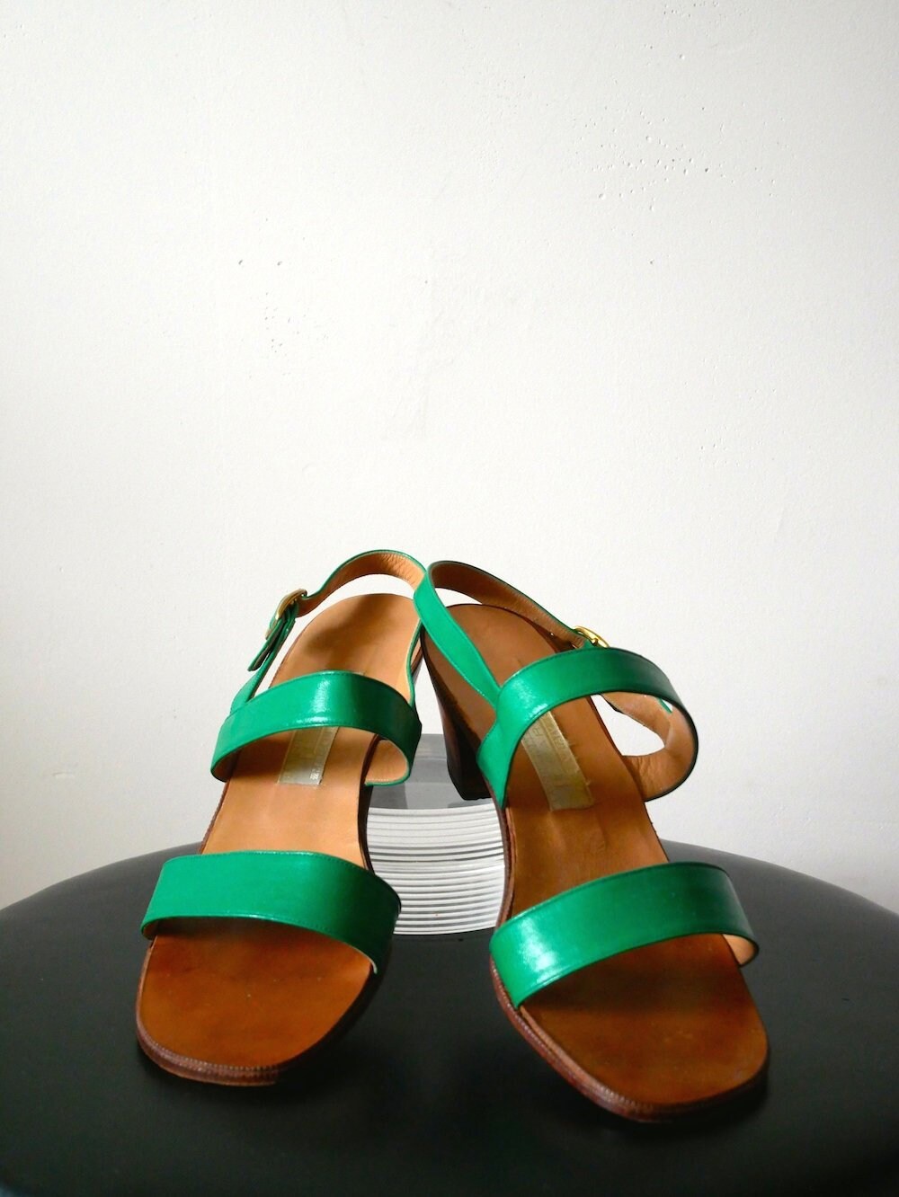 green leather sandals