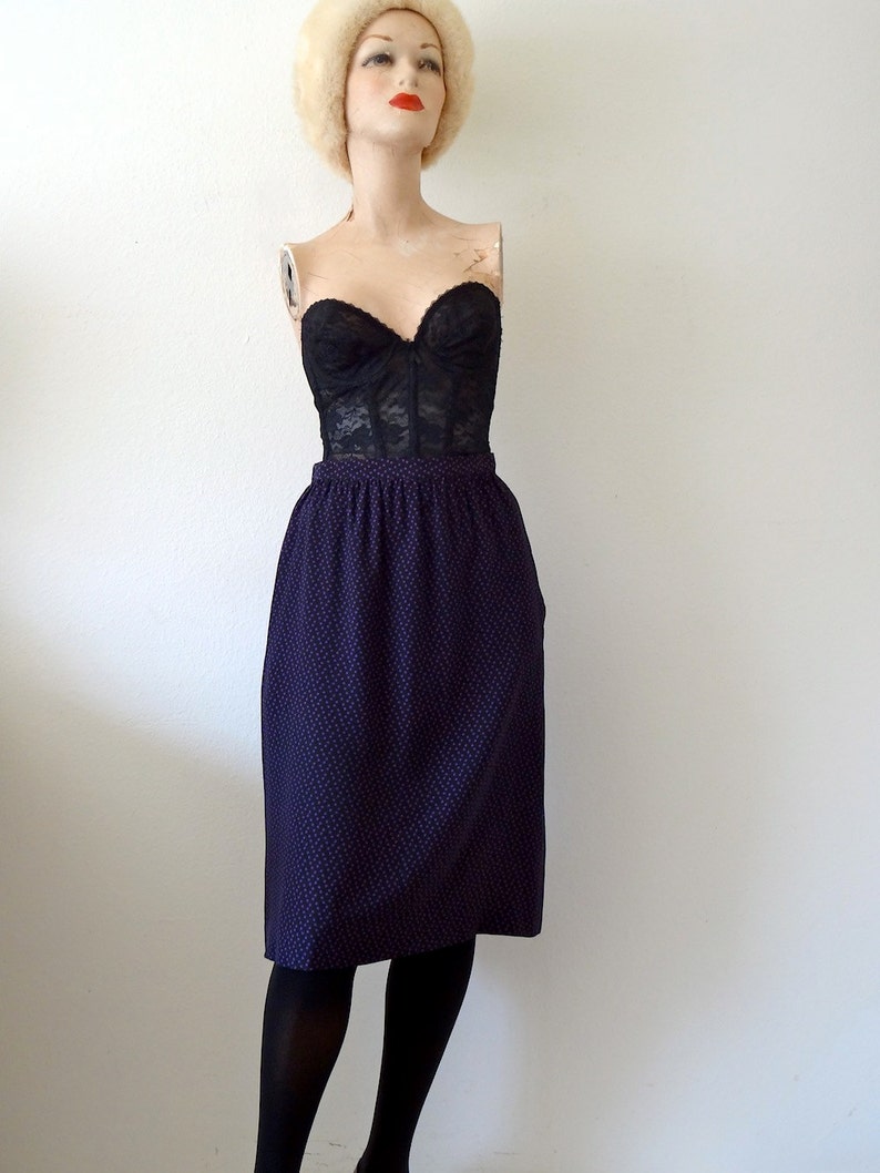 1980s Silk Polka Dot Skirt / black straight skirt with purple micro-dots / vintage spring & summer fashion image 3