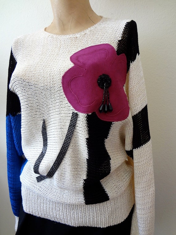 1980s Sweater / Avant Garde Knit Top with Suede F… - image 5