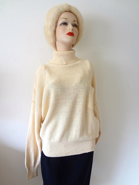 1980s Oversized Sweater - cotton blend knit turtleneck - retro vintage