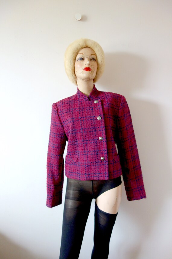 1980s Cropped Plaid Jacket w/ Offset Buttons