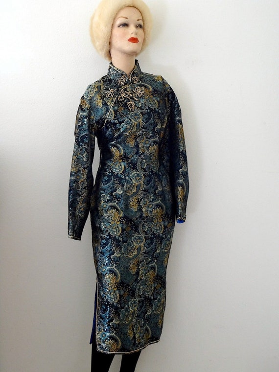 1950s Silk Wiggle Dress / Asian floral print cockt