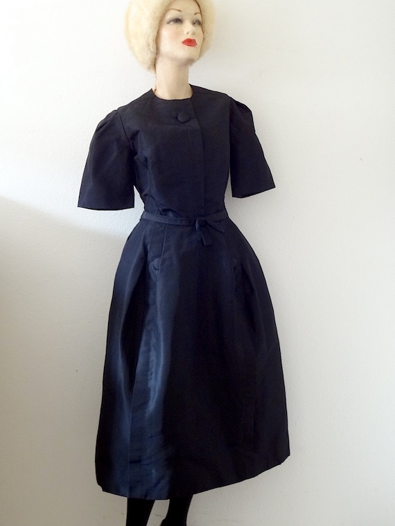1960s Teal Traina Dress / black silk taffeta cockt