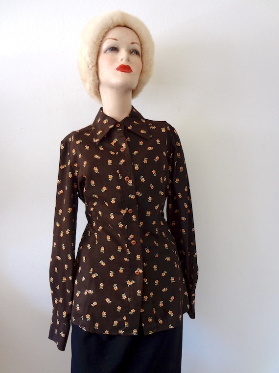 1970s Floral Print Blouse / vintage fitted long s… - image 1