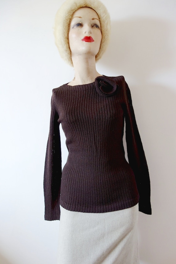 1970s Brown Knit Top | vintage rib knit bateau ne… - image 1