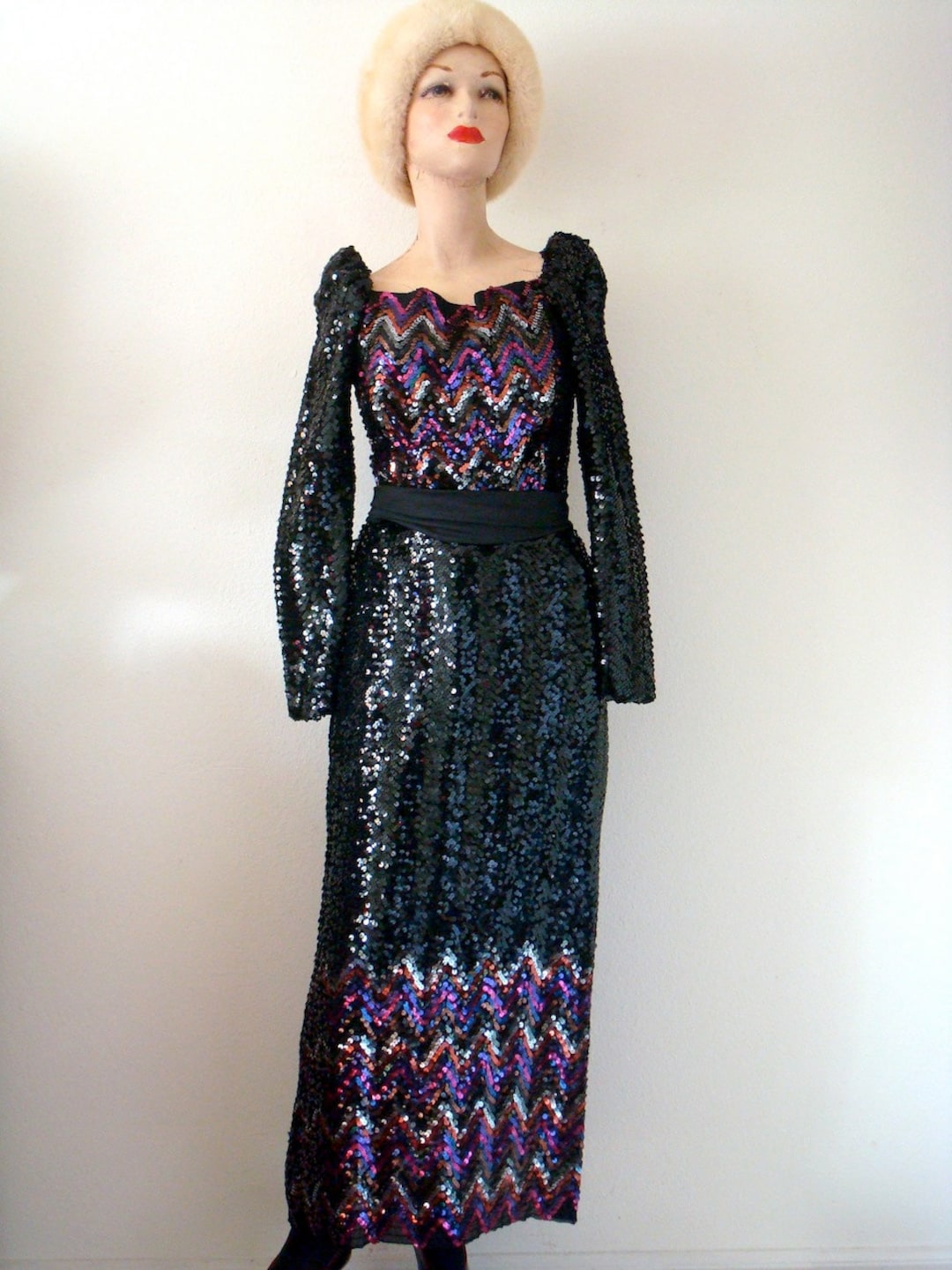 1970s Party Dress Vintage Black Sequin Evening Gown Lady Stardust  Formal Size S