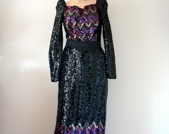 1970s Party Dress - Vintage Black Sequin Evening Gown - Lady Stardust Formal size S