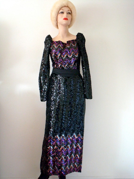 1970s Party Dress - Vintage Black Sequin Evening … - image 1