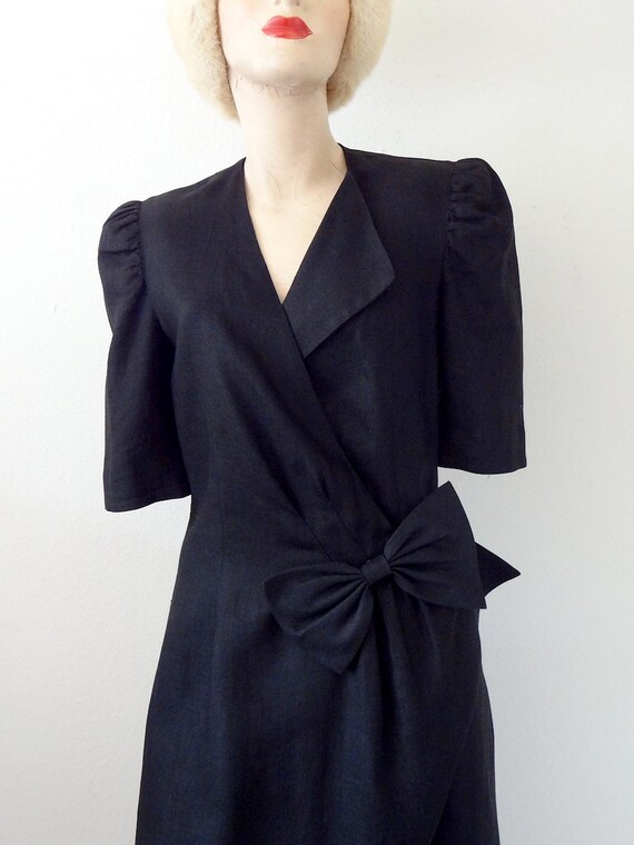 1970s Rare and Chic Hermes Black Linen Wrap Dress