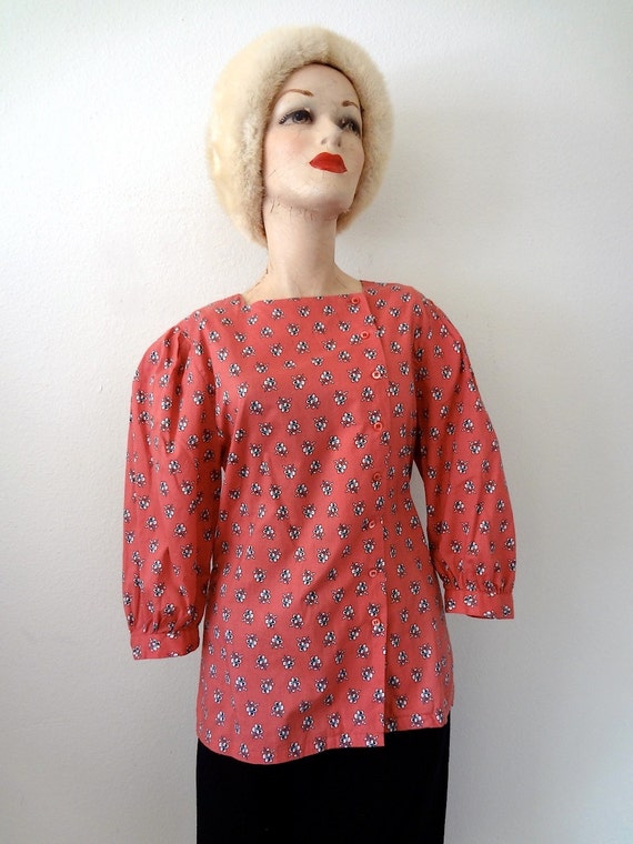 1980s Floral Print Cotton Blouse / Vintage Shirt - image 1