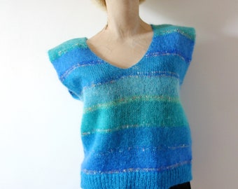 Suéter Mohair Blend de la década de 1980 / top de punto sin mangas a rayas vintage