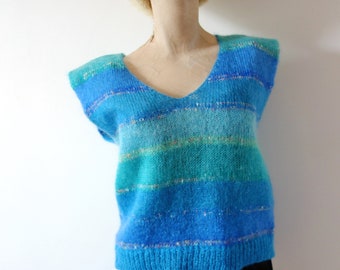 1980s Mohair Blend Sweater | vintage striped sleeveless knit top