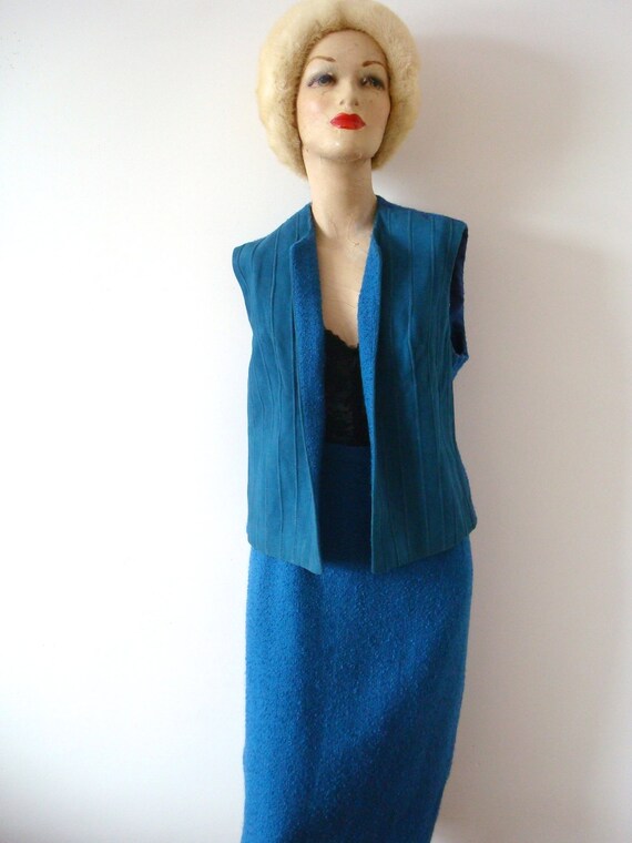 1960s Pencil Skirt and Vest - Blue 2 Piece Suit -… - image 2