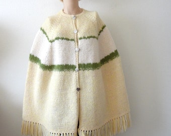 1970s Knit Cape / Hand Knit Poncho with Fringe / vintage outerwear