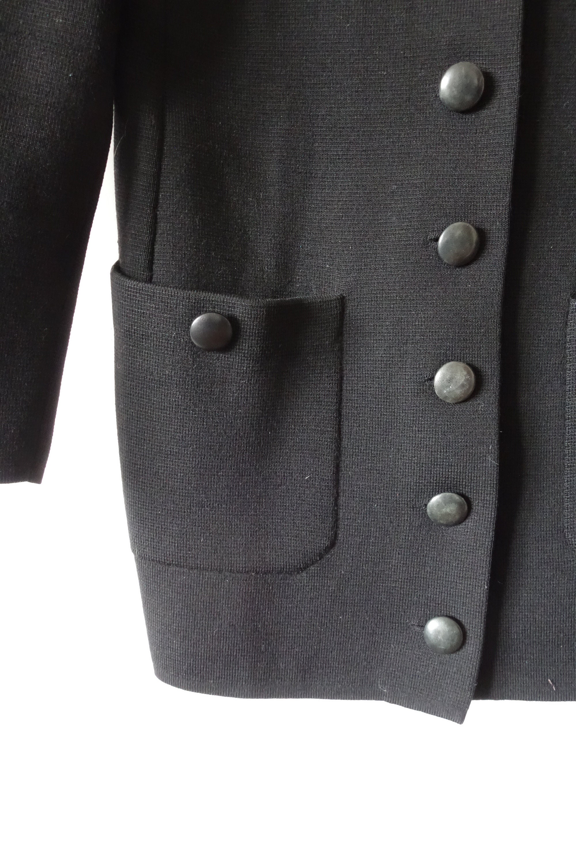 1960s Black Wool Knit Sweater Jacket - Vintage Leather Button 