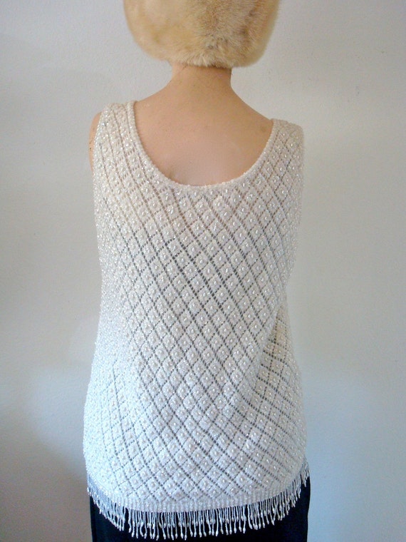 1950s-60s Beaded Sweater - ivory wool sequin slee… - image 5