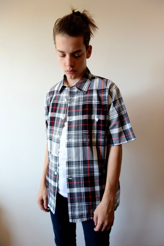 1950s Men's Plaid Cotton Shirt - Vintage Short Sleeve Shirt - Loop Collar Shirt Size L