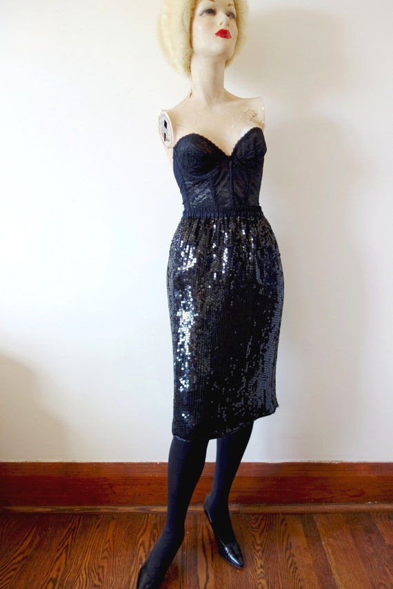 Vintage Black Sequin Skirt silk straight skirt with back vent