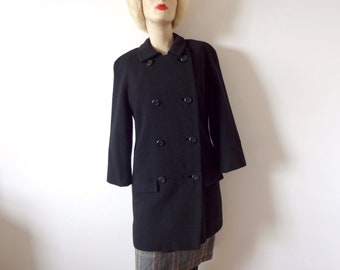 1960s Mod Black Dress Coat | Vintage Double Breasted Knit Wool Jacket by Youthcraft