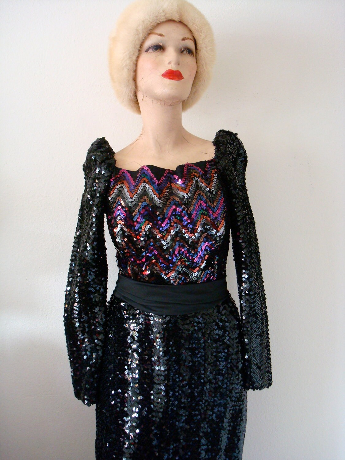 1970s vintage evening dress gown, black lace and sequin ruffled off the shoulder formal dress