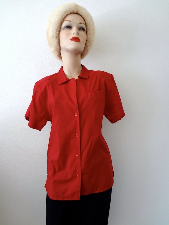 Vintage Red Cotton Bouse / Button Front Shirt