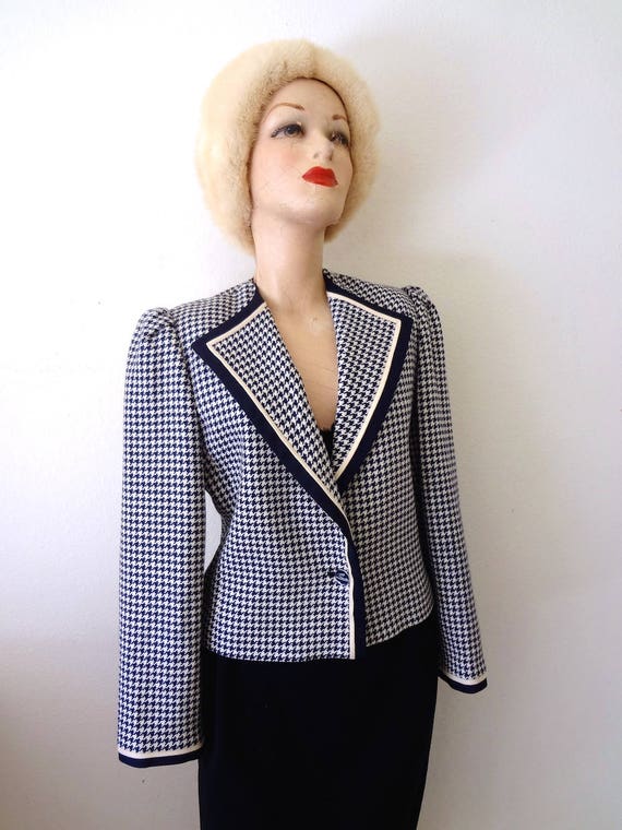 Vintage LOUIS FÉRAUD Jacket - houndstooth check wool cropped suit coat -  1980s designer vintage