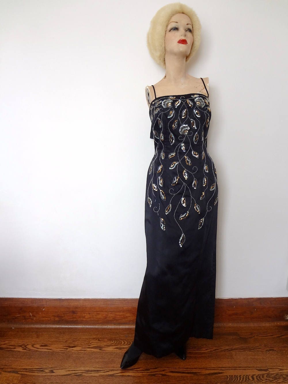 SI SI MIAMI, 1960s black sheath evening gown, wiggle bodycon dress