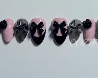 Pink and Black Kawaii Jirai Kei Gothic Bow Handmade Custom Press On Nails