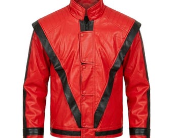 Chaqueta de cuero rojo auténtico de piel de cordero estilo motero M-J Thriller, hecha a mano / Cosplay pop de los 80