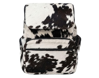 Mochila de piel de vaca blanca y negra hecha a mano – Mochila de viaje estilo western con pelo para uso diario para mujer