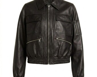 Chaqueta de cuero suave negra para mujer, estilo bomber, hecha a mano.