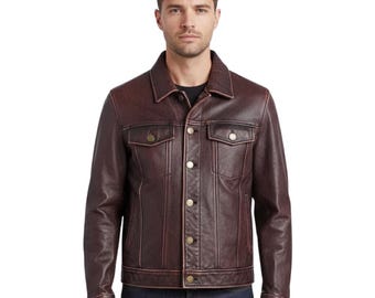 Chaqueta de motociclista estilo camionero vintage para hombre, de cuero genuino marrón, estilo cafe racer.