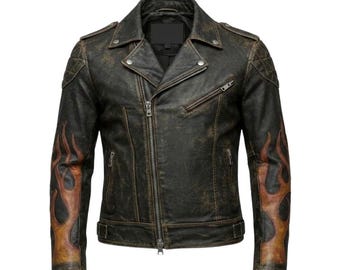 Chaqueta de cuero para hombre con efecto desgastado y estampado de llamas - Chaqueta de motociclista con mangas de fuego