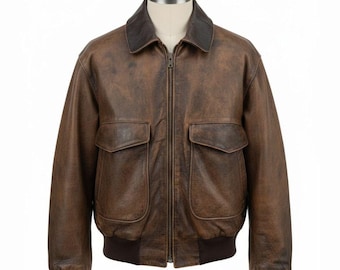 Chaqueta bomber de aviador vintage de cuero genuino marrón desgastado para hombre
