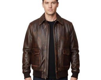Chaqueta de cuero marrón desgastada para hombre, estilo camionero - Chaqueta de moto vintage