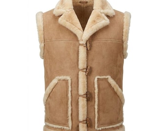Chaleco de piel de oveja para hombre estilo montañés con forro de borrego sintético.