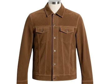 Chaqueta de cuero de ante marrón estilo camionero vintage para hombre / Chaqueta estilo motero de corte ajustado