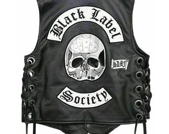 Chaleco de cuero estilo motero de Black Zakk Label Society / Chaleco con parches BLS