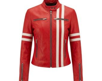 Chaqueta de cuero rojo estilo motociclista hecha a mano - Chaqueta motera de rayas blancas estilo años 80 para mujer