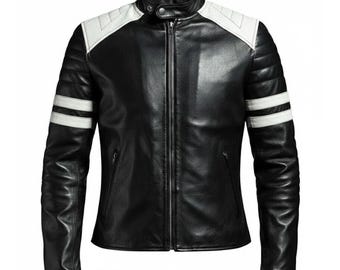 Chaqueta de motociclista para hombre, hecha a mano, de cuero auténtico con rayas blancas y negras.